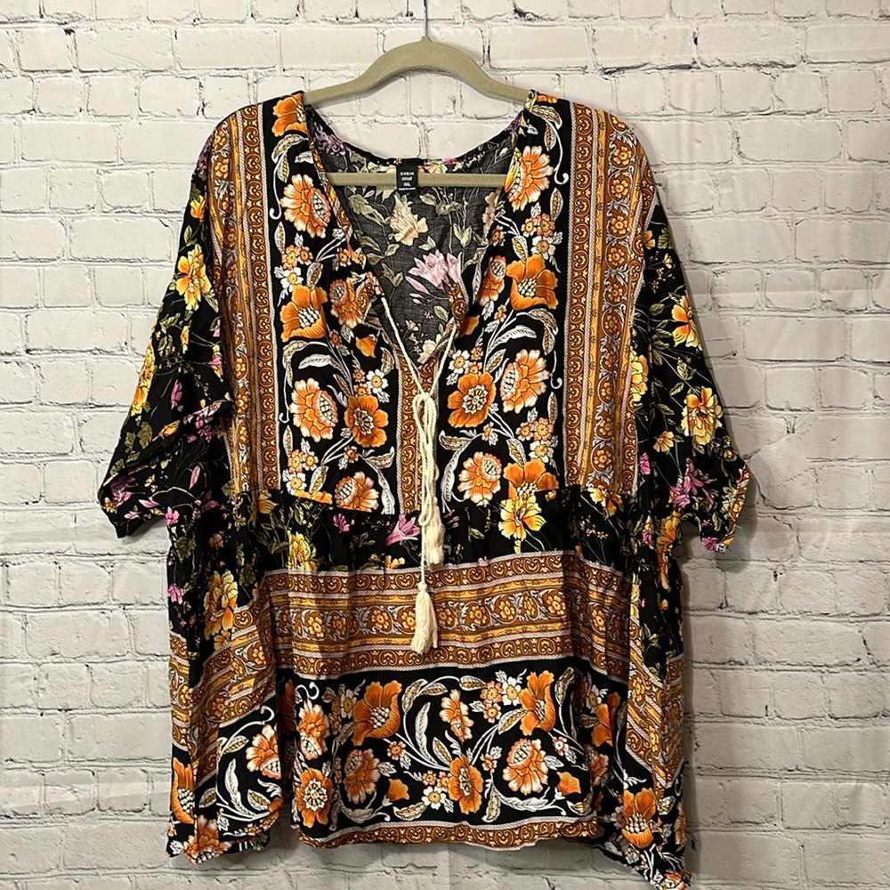 New Plus size boho v neck peasant top black golds pinks 3x